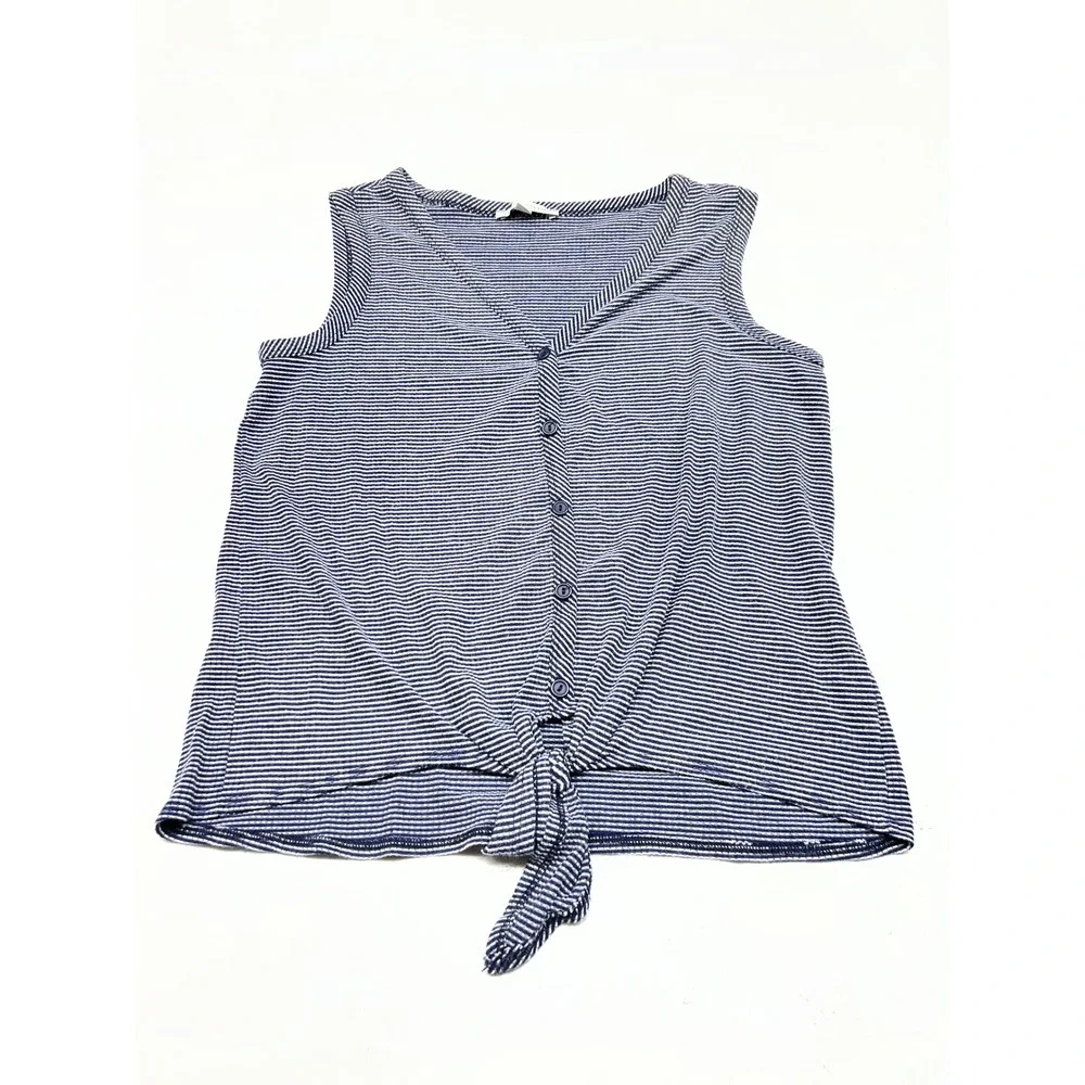Green Envelope Women's V‑Neck Sleeveless Tank Top M Navy White Stripe Tie Front - Picture 1 of 8